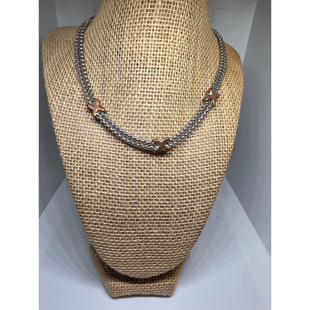 Two Tone Vintage Chain Necklace Silver Rose Gold Accents